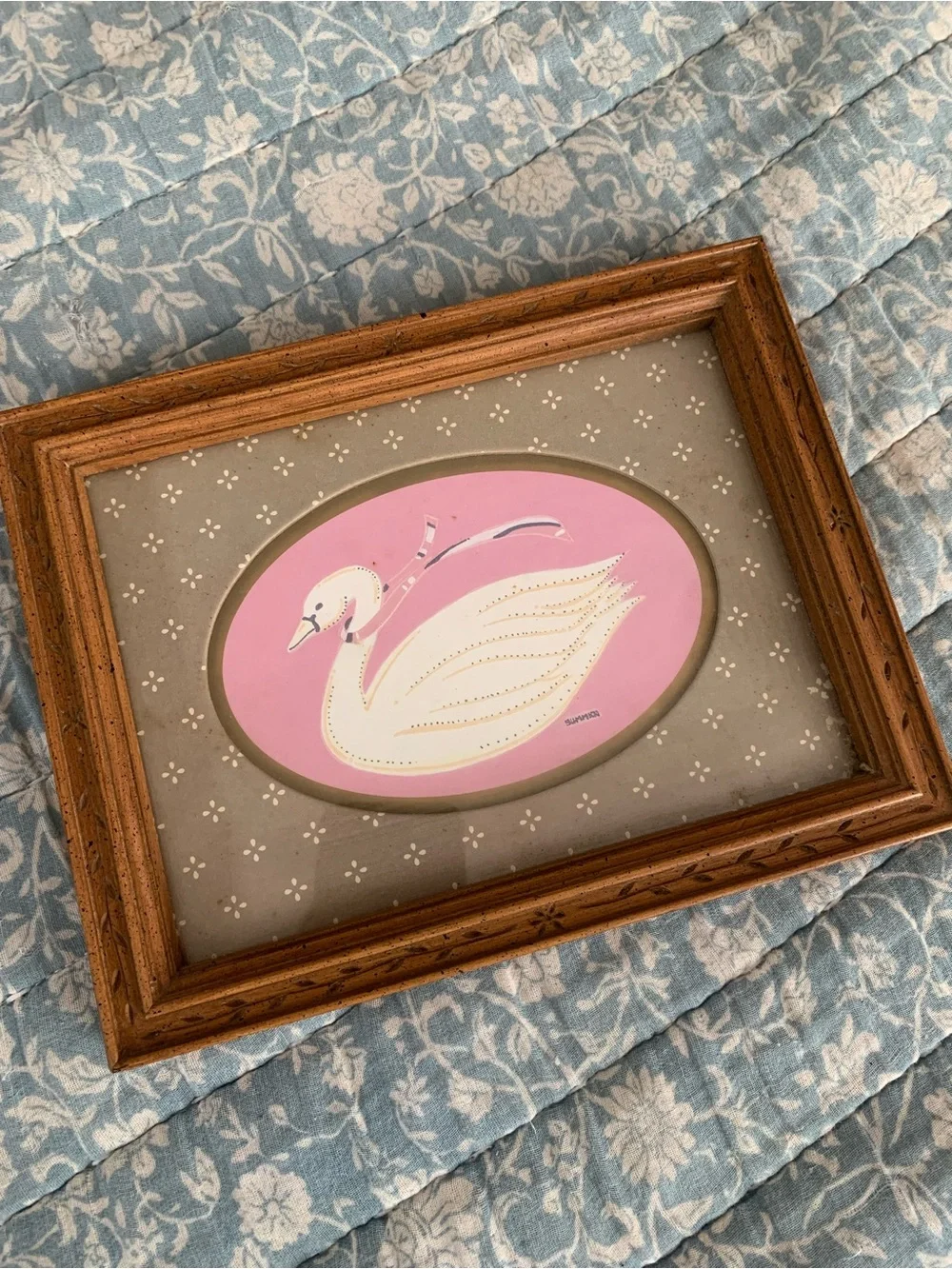 Vintage Wooden Framed Pink Swan Art Print - Home Accents cottage grandmas